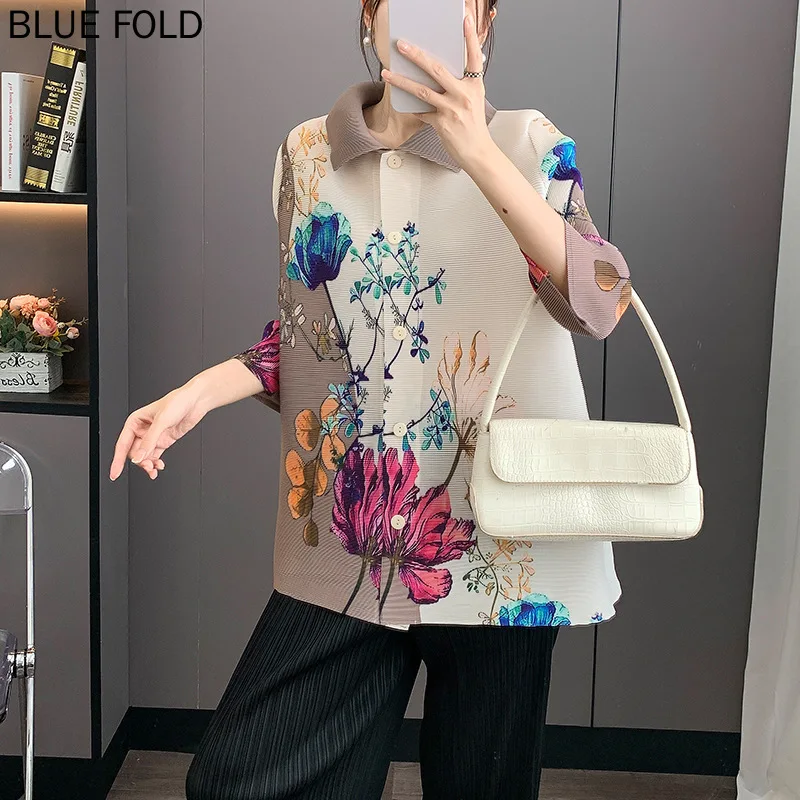 

Miyake Pleated Printed Blouse Women 2025 Summer New Lapel Single Breasted Seven Sleeve PLEATS Shirt