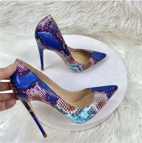 

Sexy Woman Blue Purple Mixed Color Snakeskin Python Leather Pointed Toe Shallow Slip On 8 10 12 CM Thin Heels Pumps Party Shoes