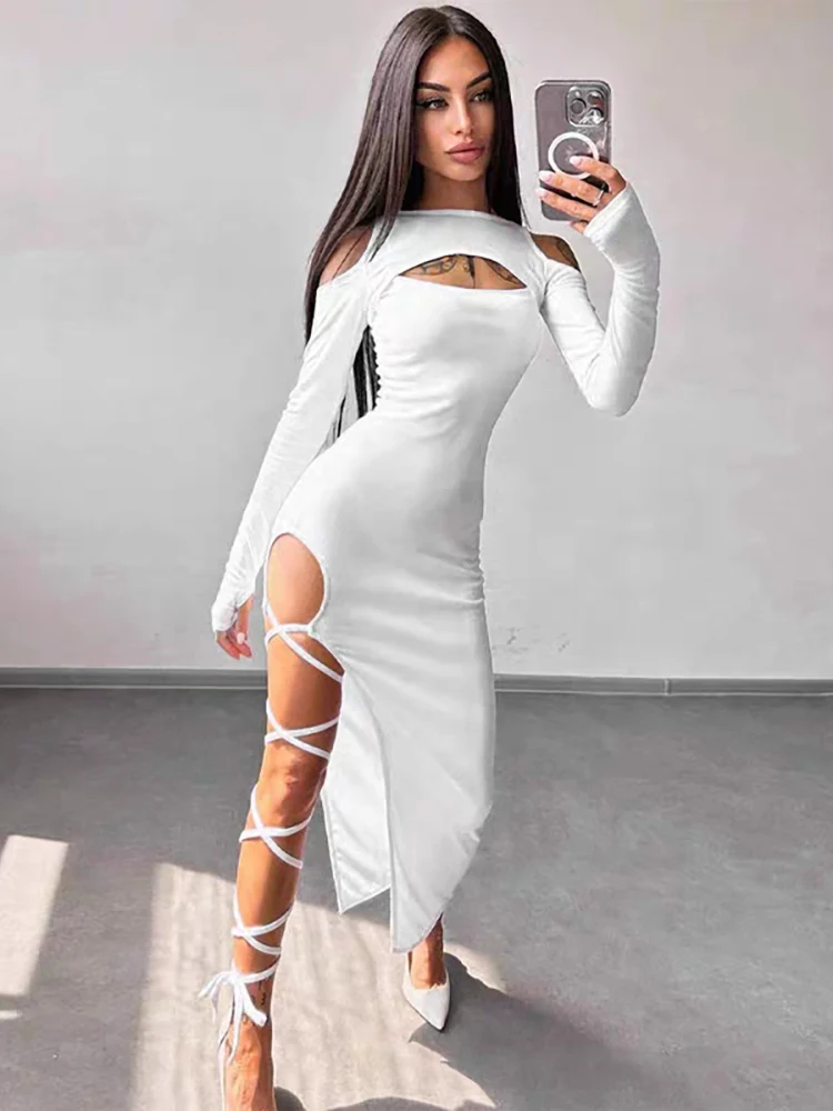 Rororiri Effen Bandage Split Lange Jurk Vrouwen Ribgebreide Lange Mouwen Uitgesneden Koude Schouder Slanke Sexy Bodycon Eendelige Streetwear