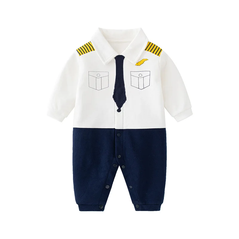 Baby Spring Autumn Jumpsuit Cotton Spliced Long Sleeved Captain Infant Boys Climbing Suit Newborn Boys Handsome Outfit