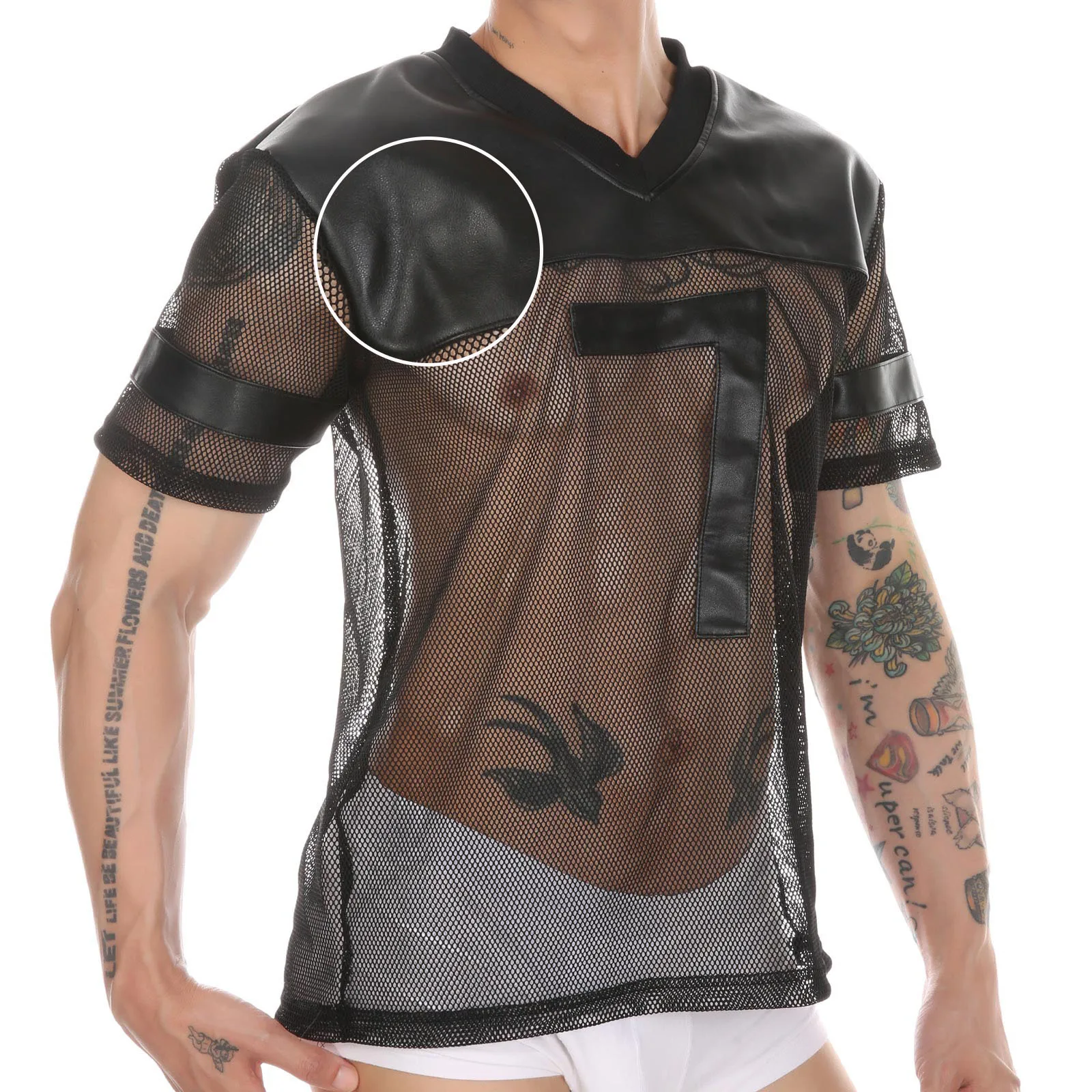 Sexy Men Fishnet T-Shirt V-neck PU Faux Leather Mesh Man Top Shirts See Through Tops Tee Transparent Short Sleeve Stage Clubwear