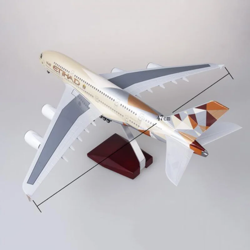 1/160 Scale 46cm A380 Etihad Air bus Airplane Models Aircraft Display Diecast Aircraft with LED Light (Touch or Sound Control)