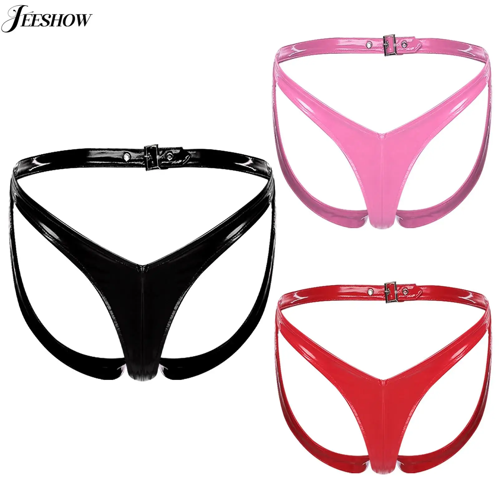 

Womens Patent Leather Micro Panties Wet Look V-shaped Buckled Waistband Open Butt Underwear Nightclub G-strings Bikini Briefs