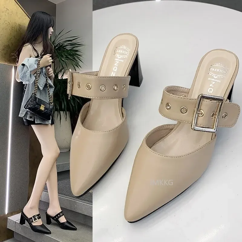 Mule Womens Closed Leather 2024 Baotou Half Slippers Woman Fashion Pointed Toe Slip On Belt Buckle High Heel Retro Shoes