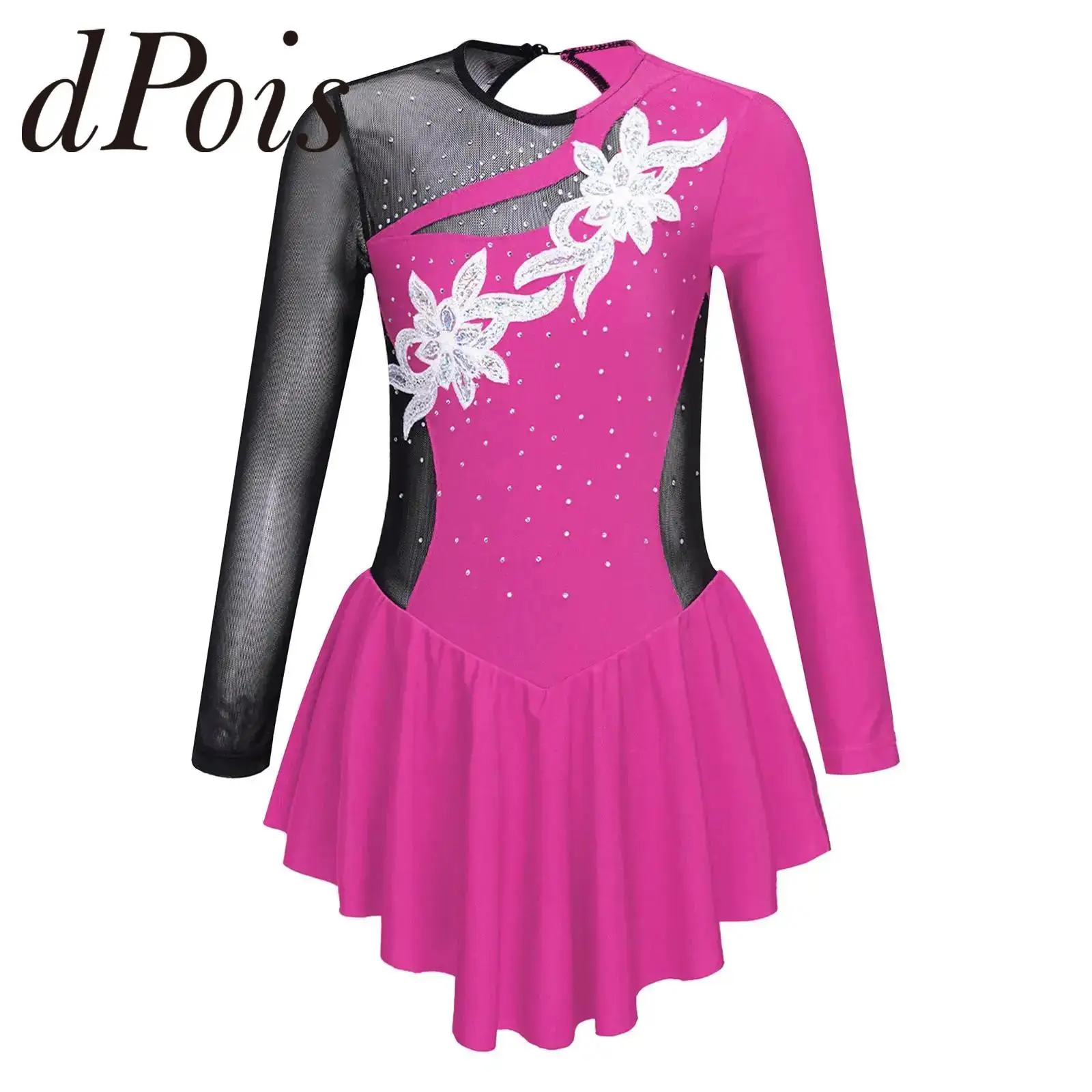 Kids Girls Ballet Dress Shiny Rhinestone Figure Skating Dress Long Sleeve Gymnastics Leotards Children Ice Skating Clothes