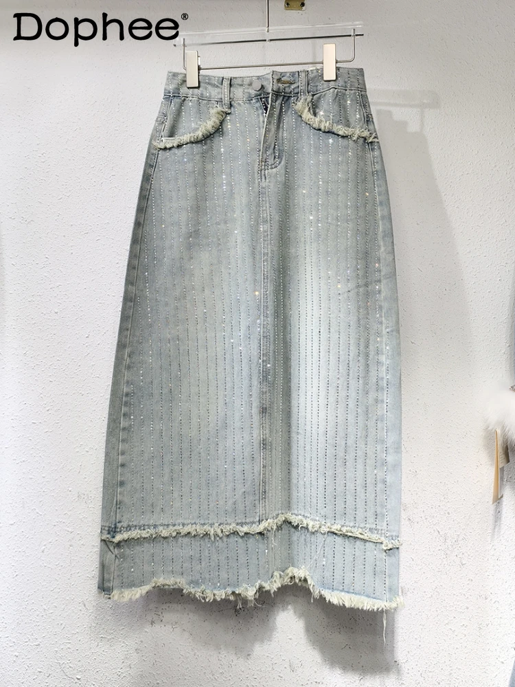 Fashion Distressed Denim Skirt for Women 2024 Spring New Rhinestone Striped Retro A- Line High Waist Mid-Length Skirts Female