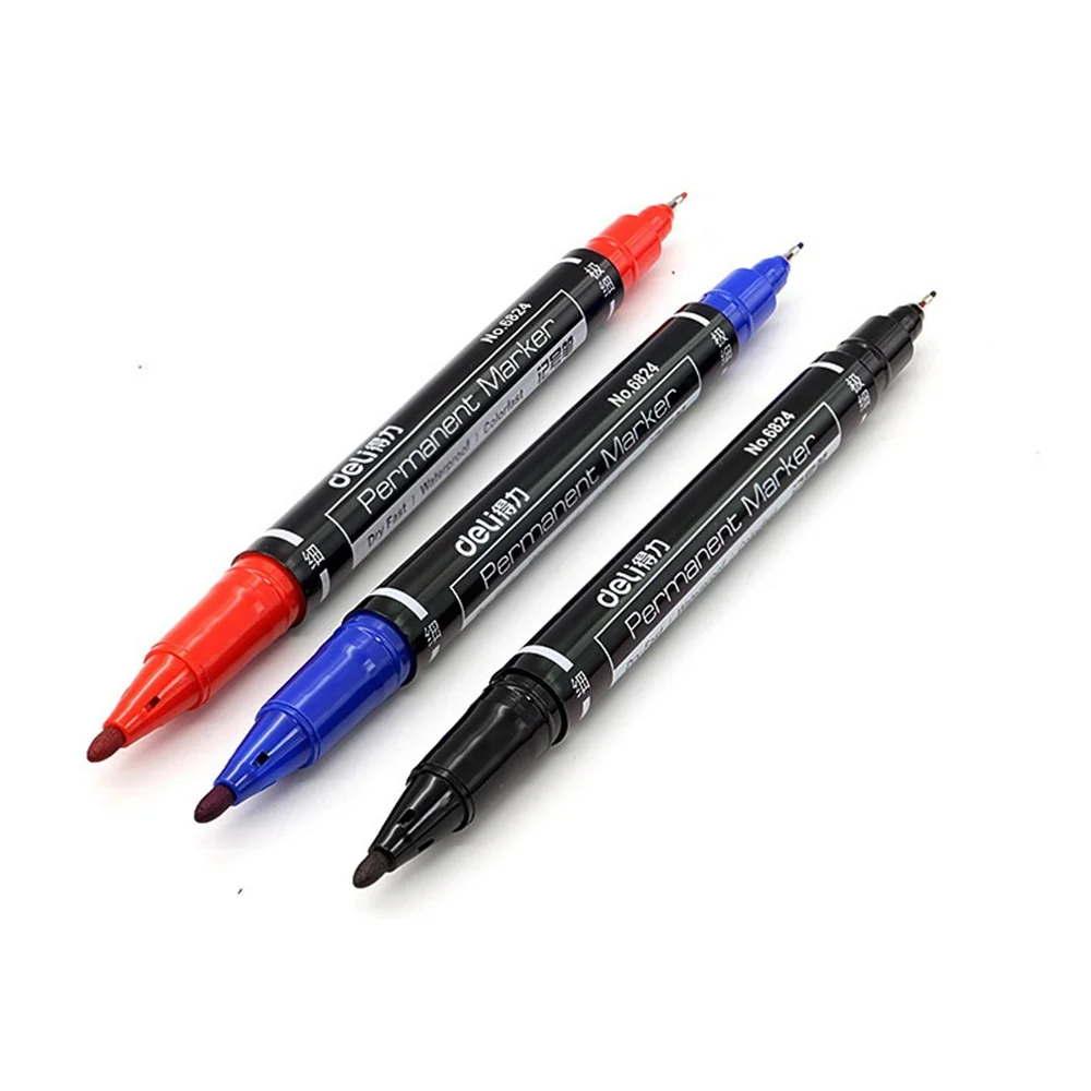 Deli 0.5/1mm Double Headed Writing Fast Dry Permanent Marker Pen Artist Mark CD Glass Wood School Office Supply Drawing Tool 3pc