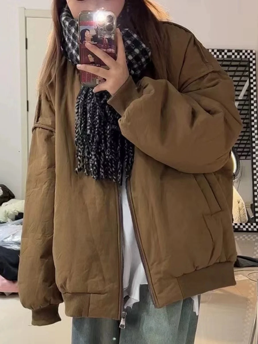 Retro Thickened Cotton Jacket for Women Winter New Style Oversize Stand Collar Flight Coat Zipper Closure Long Sleeve Pure Color