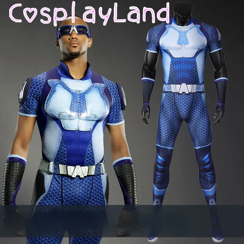 

Carnival Halloween Superhero The Boys A Train Cosplay Costume Suit Adult Men Reggie Franklin Jumpsuit Blue Spandex Bodysuit