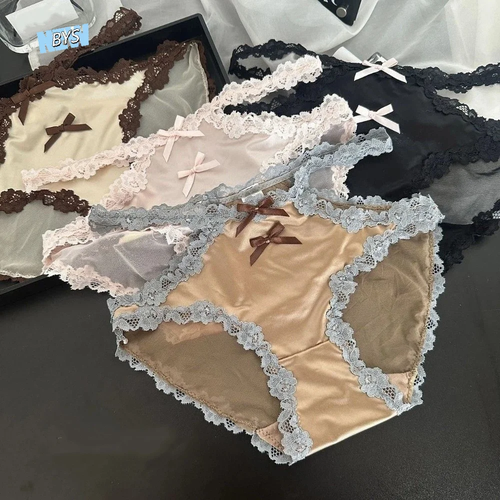 

Fashion Bow Lace Flower Panties Transparent Seamless Lace Mesh Briefs Patchwork Mid Waist Women Underwear Gifts