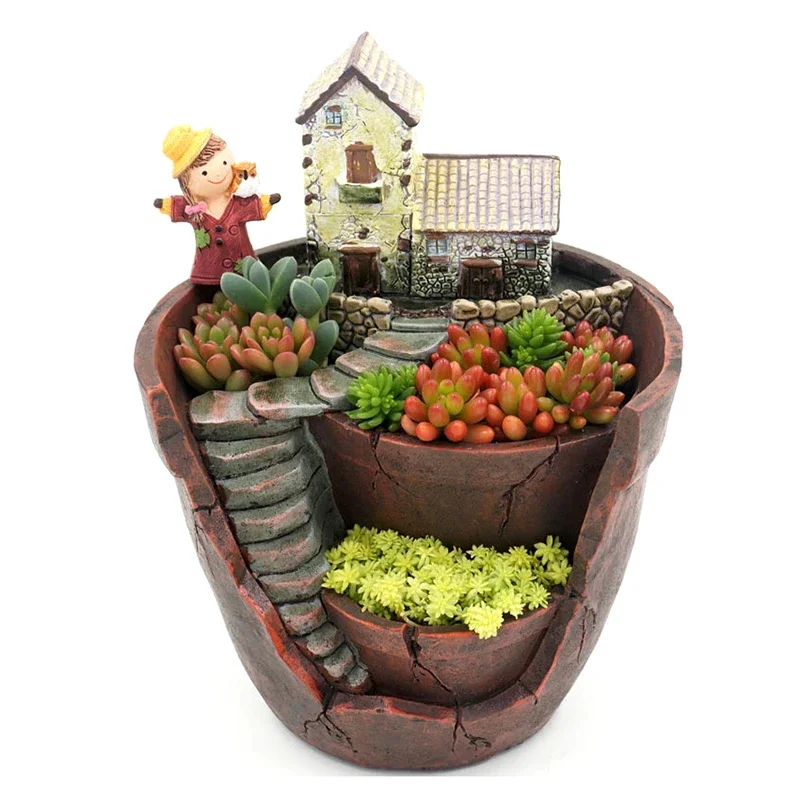 Retro Farmhouse Flower Pot for Succulents Plants, Decorative Planter Mini Bonsai Flowerpot Fairy Garden Home Desktop Decoration