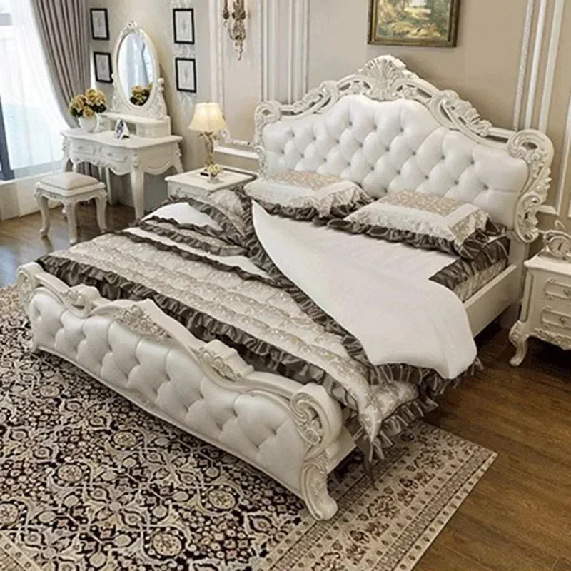 Minimalist European Double Bed White Villa Glamorous Wood Luxury Twin Bed Frame Headboard Nordic Cama Entrance Hall Furniture