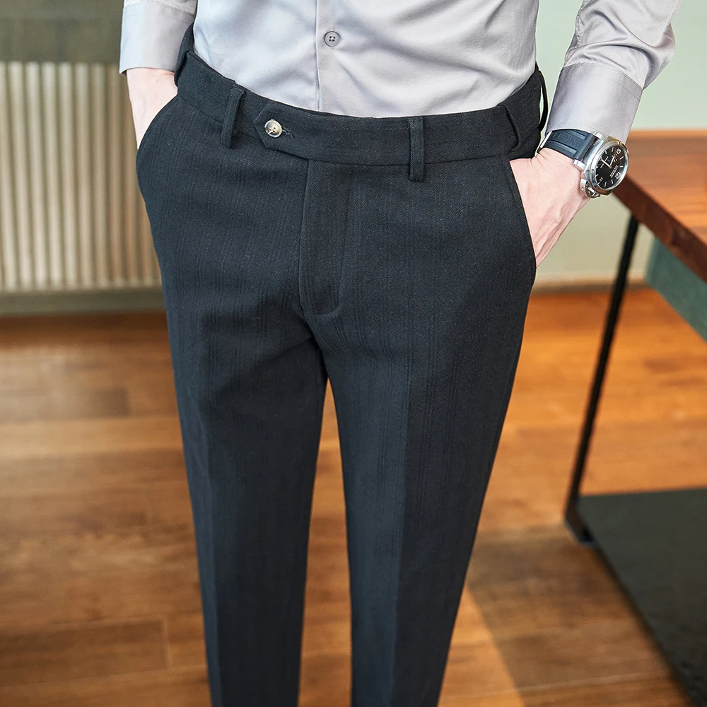 New 2024 Woolen Business Casual Men's Slim-fit Trousers Fashionable Trousers Youth Daily Commuting Trousers Waist Can Stretch.