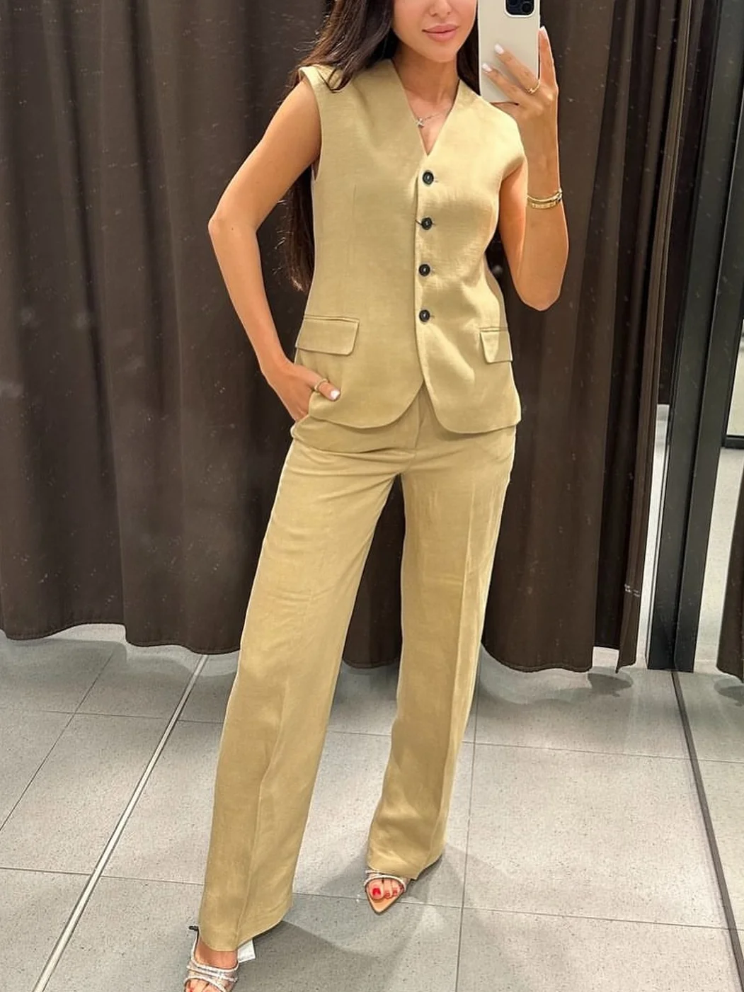 TRAF Women's Linen Vest Wide Leg Pants Set Long Suit Vest V-Neck Sleeveless Slim Fit Top Elegant Straight Pants 2-Piece Set 2024