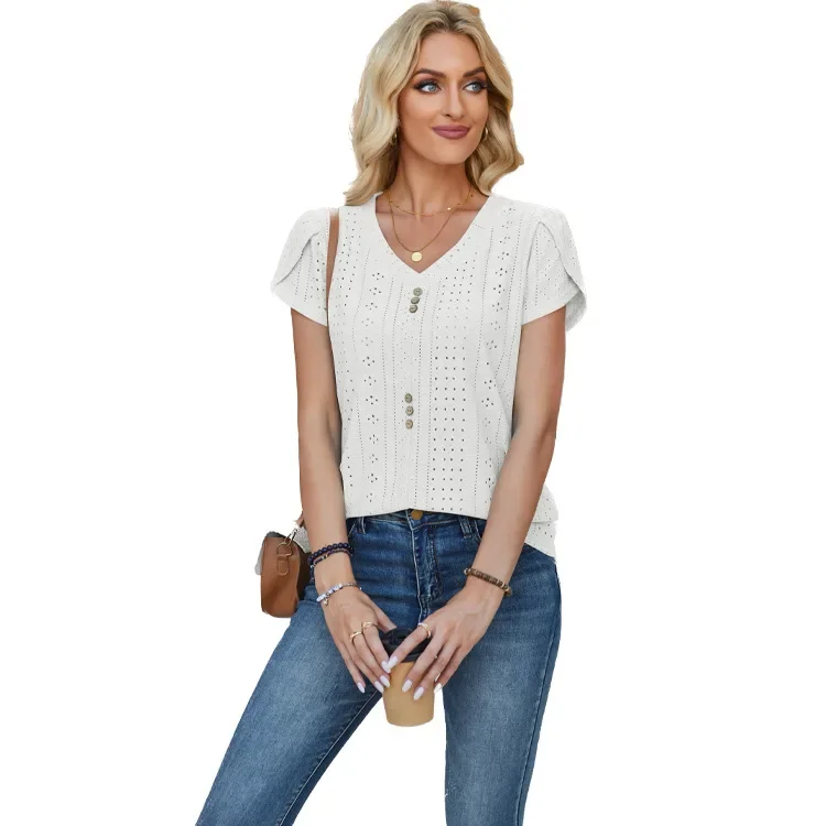 女性の新しい夏のトップ V ネックボタンパッチワーク花びらスリーブ無地 Tシャツ女性トップカジュアル半袖 Tシャツ女性トップス