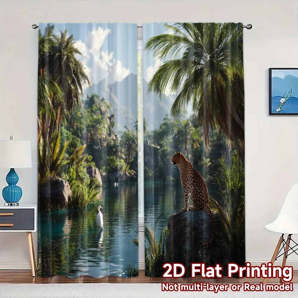 2pcs, 2D FLAT PRINTING Curtains (Without Rod) Savannah Oasis Popular Contemporary Curtains 100% Polyester Curtains Thermal