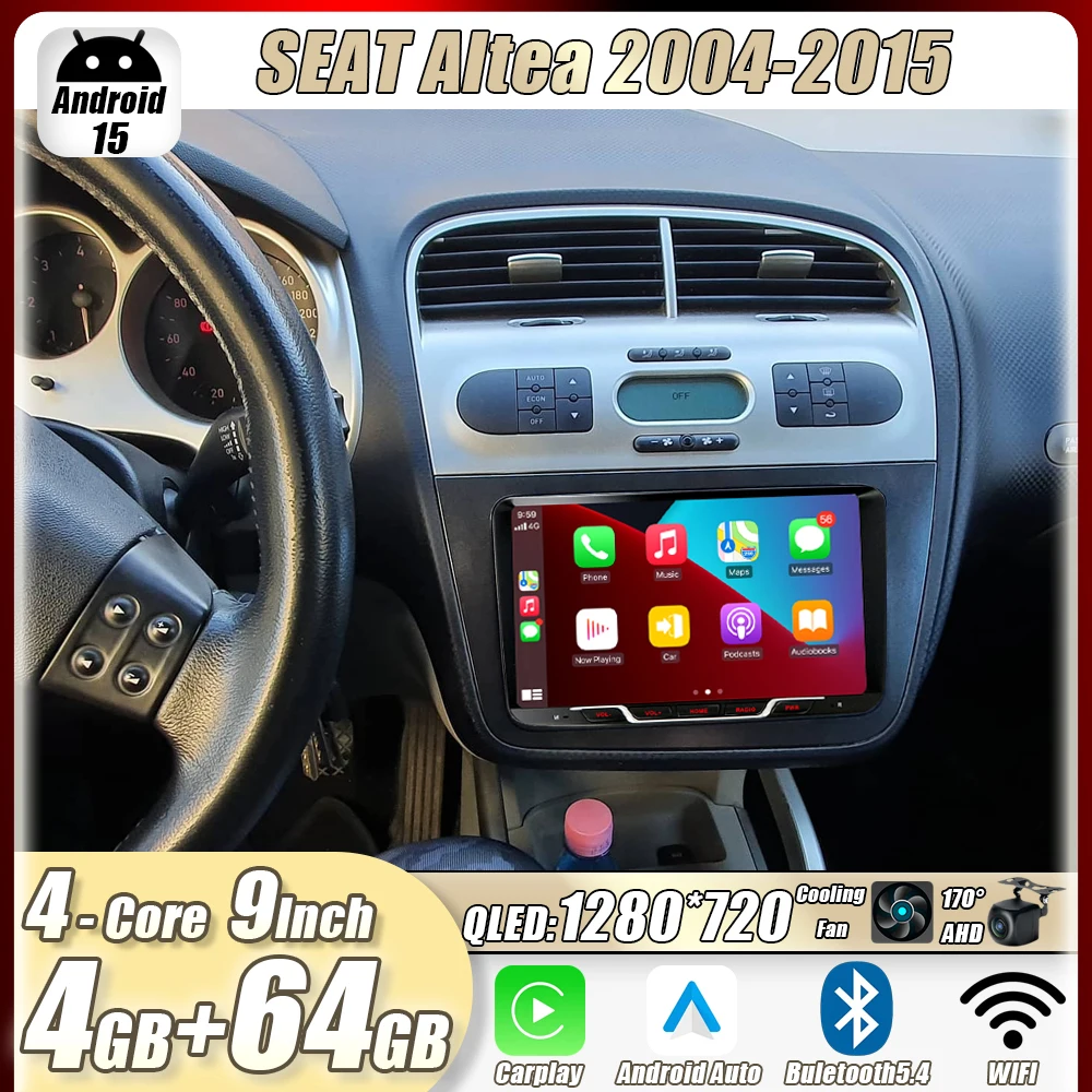 

4GB+64GB 9" SEAT Altea 2004-2015 Car Stereo Radio Apple CarPlay Android15 Auto Head Unit GPS 4G+WIFI Navi Multimedia Player