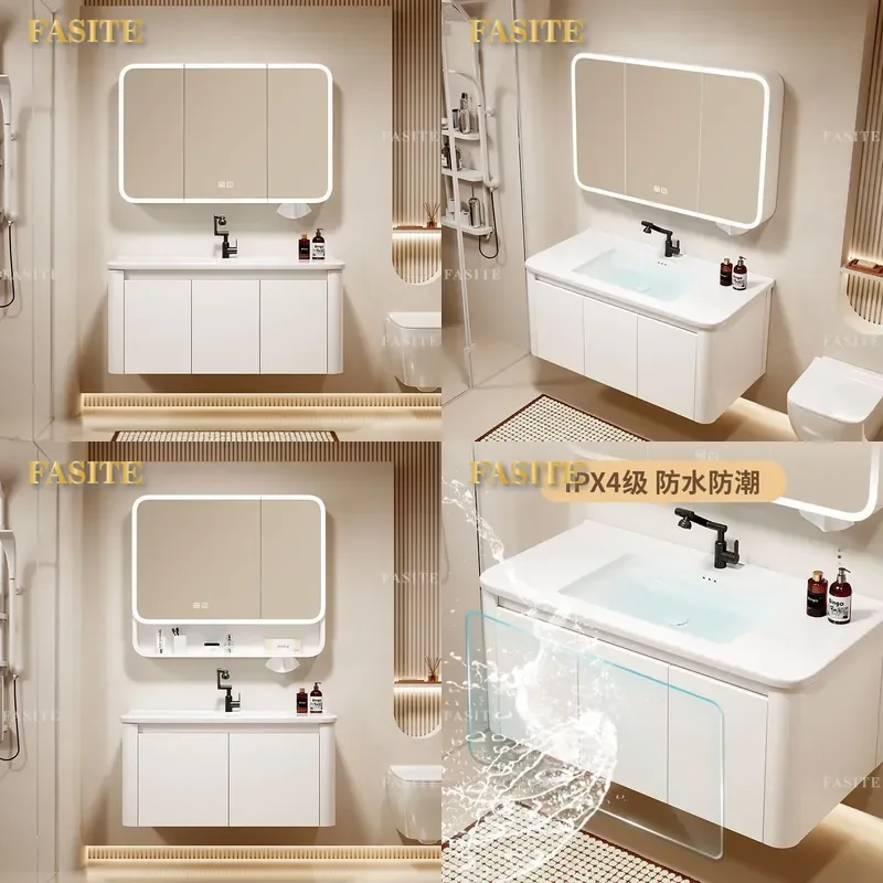 For Cream Wind Space Aluminum Rounded Corner Bathroom Cabinet Ceramic Integrated Basin Washbasin Vanity Combo Modern Storage