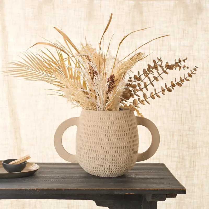 Indian handmade pulp plain woven pattern binaural vase, decorative bowl tabletop flower ware retro literary ornament