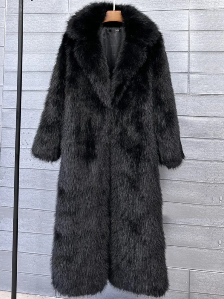 

Women Long Faux Fur Coat Autumn Winter Large Faux Fur Jacket Turn Down Collar Pockets Thick Coat female Warm mink fur outwear