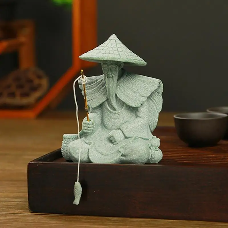 Retro Chinese Classical Fishing Old Man Resin Figure Statue Sitting Garden Ornament Fisherman Mini Figure Sandstone Statues