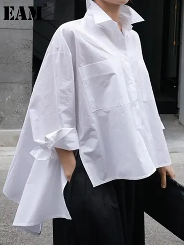 Loose White Long Women's Shirt for Spring Autumn EAM