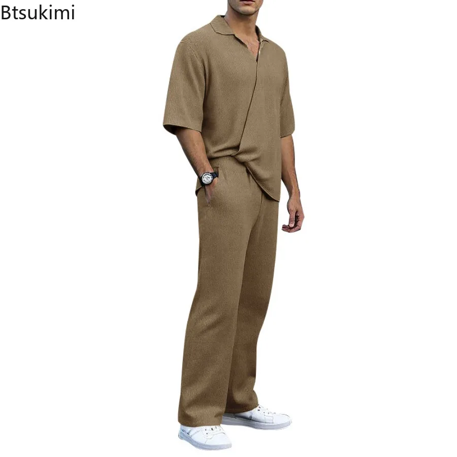 New 2025 Men's Spring Summer Retro Casual Sports Outfit Solid V-neck Half Sleeve Shirt Loose Trousers Two Pieces Beach Suit Male