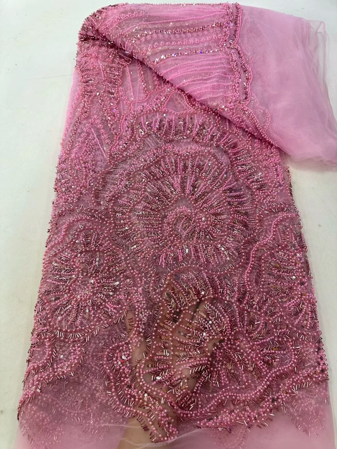 5 YardsAfrican Brown Beaded Sequins Lace Fabrics Royal Blue Beads Tulle Lace Fabric Embroidered Lace Fabrics for Sewing view 3