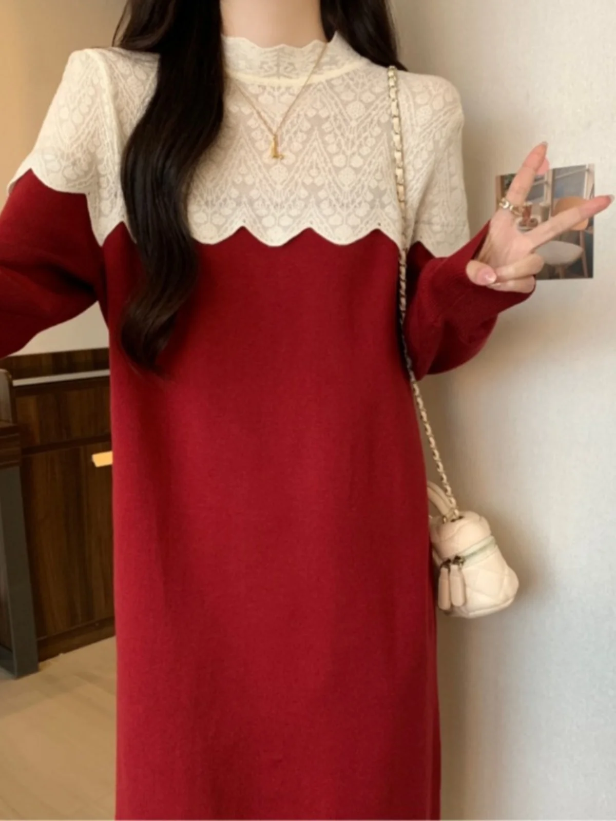 

Модное повседневное платье миди А-силуэта больших размеров с кружевными вставками и трикотажными элементами, утепленное, универсальное, весна 2026, для полных женщин