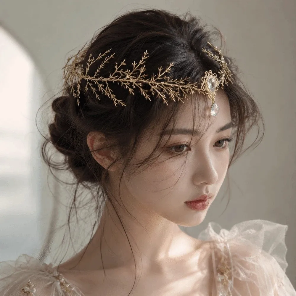 Moon Flower Elven Crown Renaissance Vintage Bridal Forehead Chain Green Gemstone Gemstone Branch Leaf Headpiece Fantasy Party