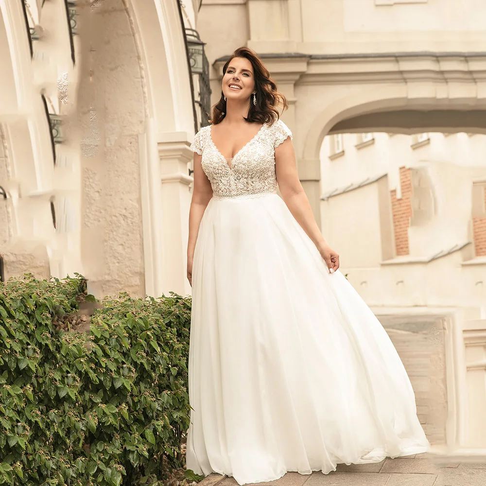 Cổ Điển Wedding Dresses Cho Phụ Nữ Cộng Với Kích Thước Cap Sleeves V-Cổ Dây Kéo Cô Dâu Gowns Voan A-Line Sweep Train Vestido De Novia