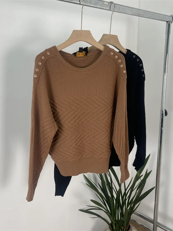

Warm Fce Knitted Sweater round Ne Batwing Sve Wave Patterned Top for Women Autumn Winter Season Casual Commute Wear