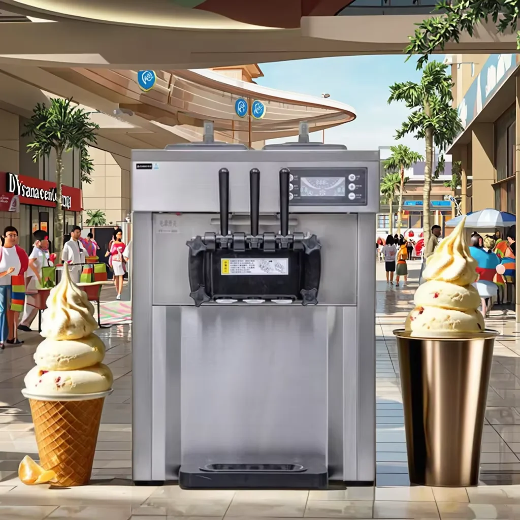 

Huichen Ice Cream Making Automatic 3 Flavors Soft Serve Table Top Ice Cream Maker Commercial Ice Cream Machine