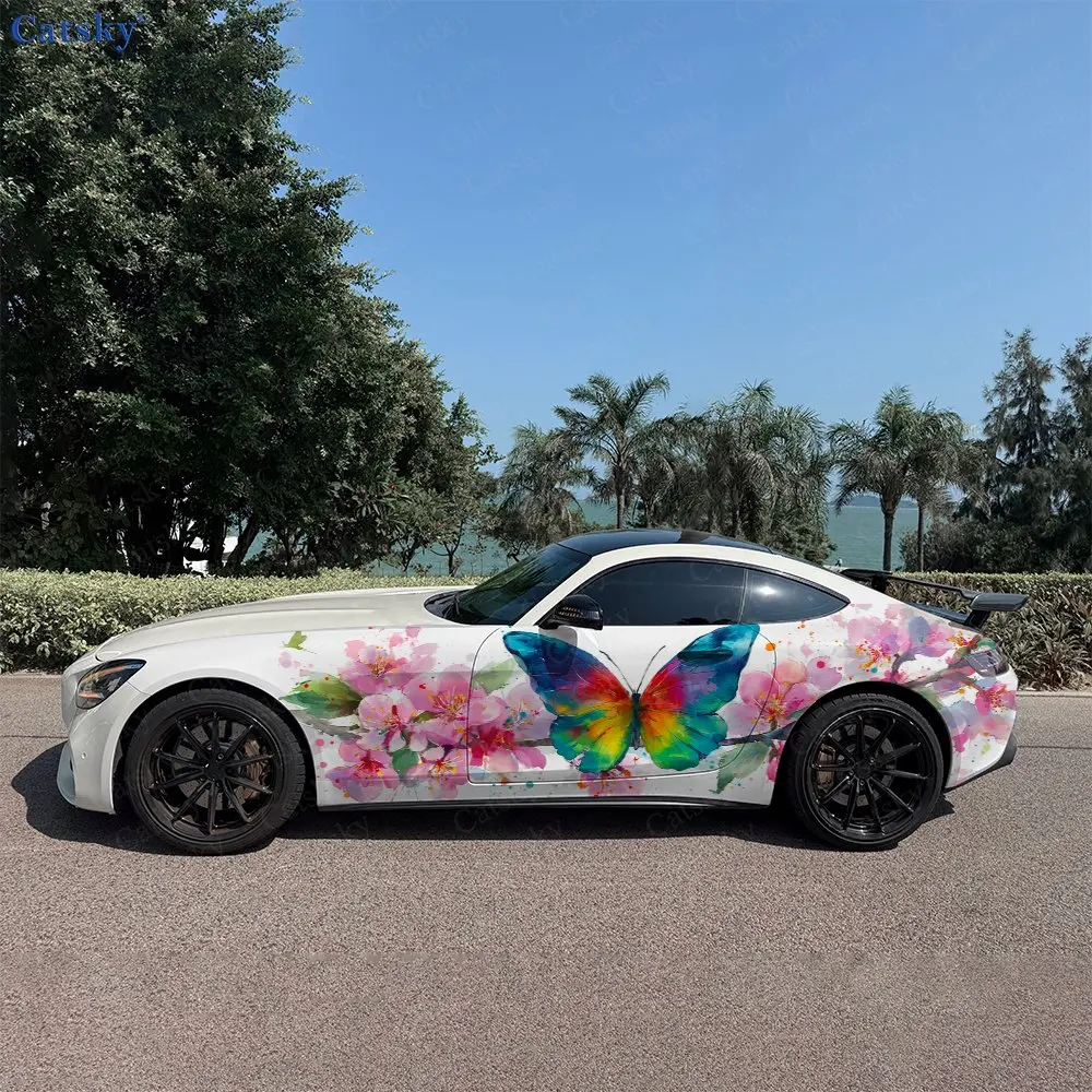 

2pcs Butterfly & Cherry Blossom Car Side Wraps, Self-Adhesive PVC Waterproof & Scratch-Resistant Stickers, Car Accessory Gift