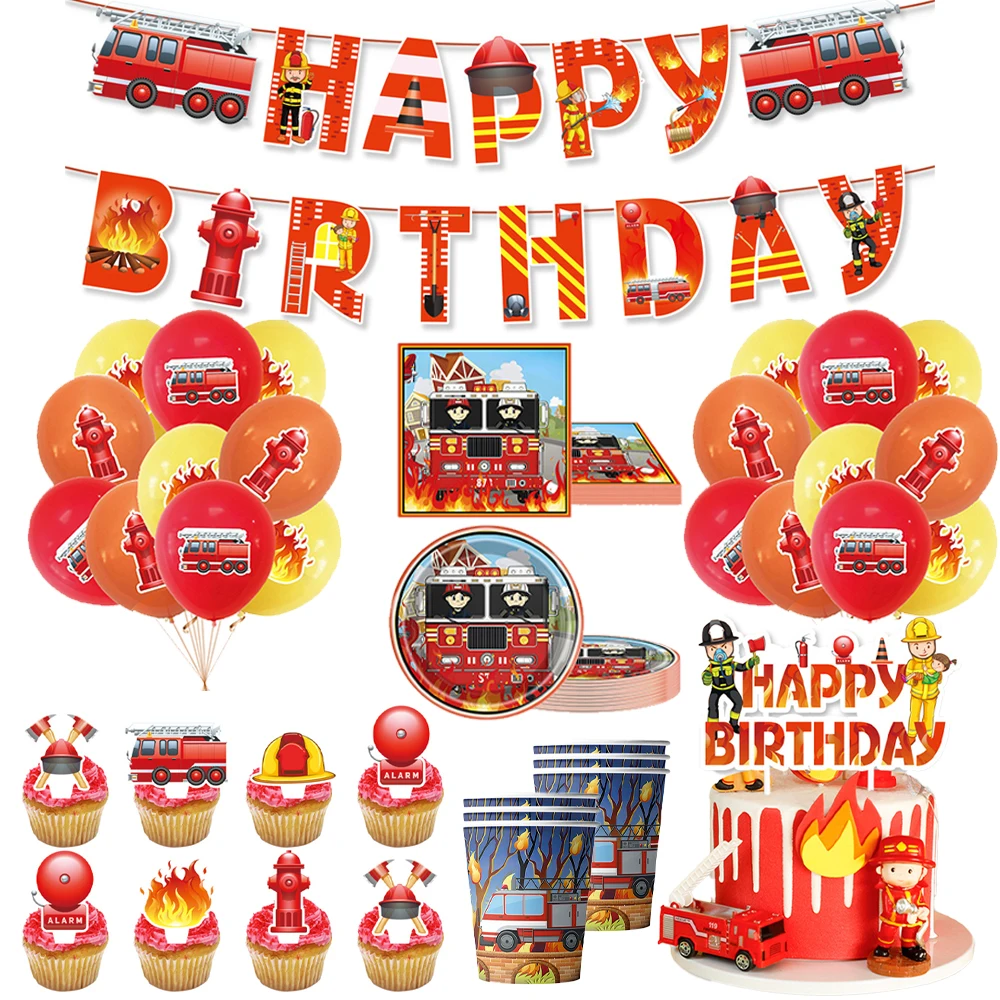 Firefighter Party Tableware Set Fire Truck Dinner Plate Banner Fire Hydrant Balloon Fire Theme Kids Boys Birthday Party Decor