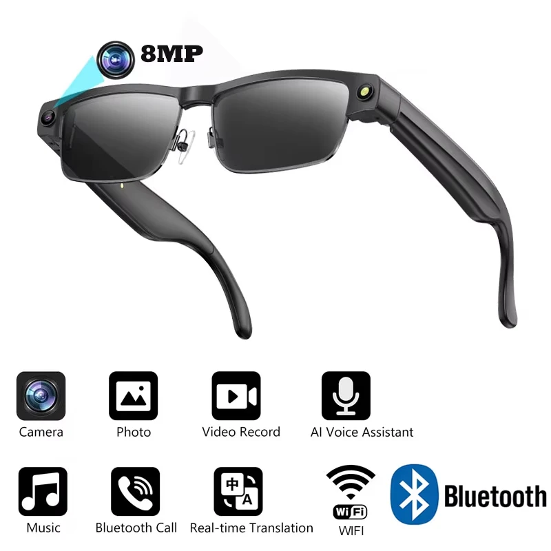 

8MP HD Camera 1200P Video Recording Smart AI Glasses Touch Sport Sunglasses Bluetooth Call Video Music Player Object Recognition