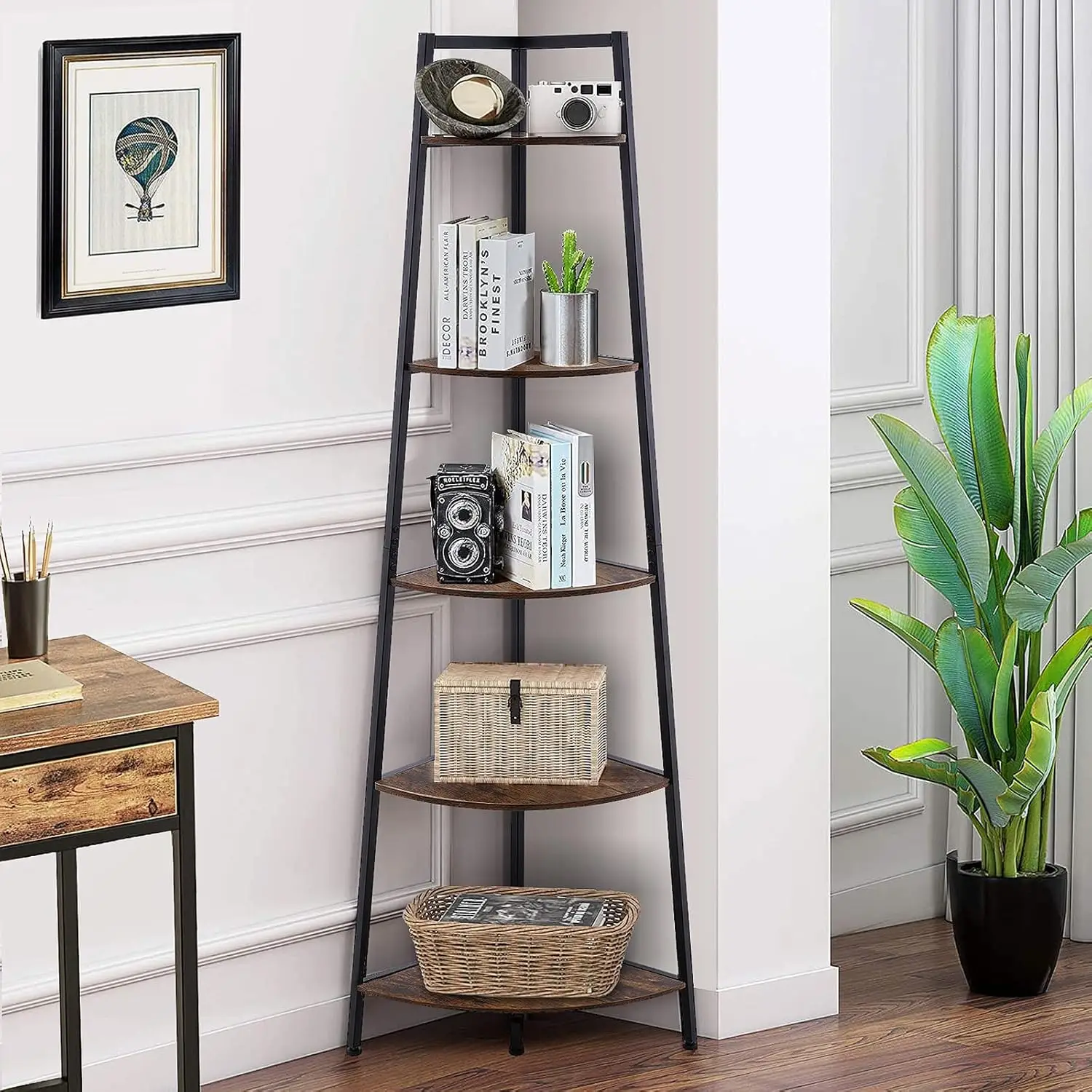 

5 Tier Corner , Industrial Wood Metal Corner Bookcase Corner Plant Stand Display Rack for Room, Office,Entryway,Corner Big Orga