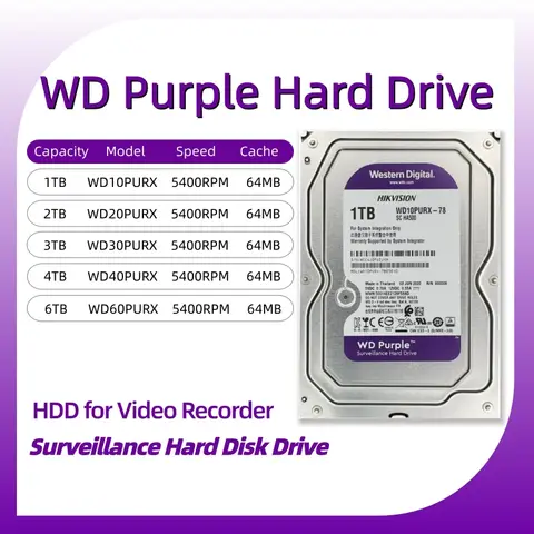 1TB 2TB HDD 4TB 6TB 8TB WD Purple Hard Disk Internal 1-10TB 3.5 64MB SATAIII HD 5400RPM Harddisk for CCTV DVR NVR Harddrive