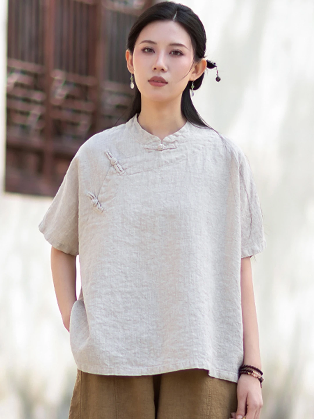 

New Chinese Style Women's Shirt Summer New Retro Stand Collar Short Sleeve Linen Tea Costume Loose Fit Breathable Skin-Friendly