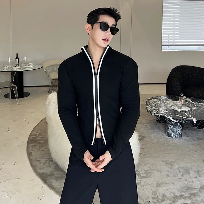 IEFBkorean Style Long Sleeve T-shirt Fashion Men\'s Clothing Versatile Double Zipper High Collar Cardigan Elgance Male New 9C2954