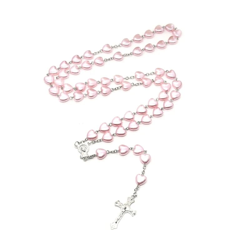 Catholic Cross Rosary Necklaces Pink Heart-shaped Beads Long Chain for Women Girl Jewelry Prayer Religious Meditation