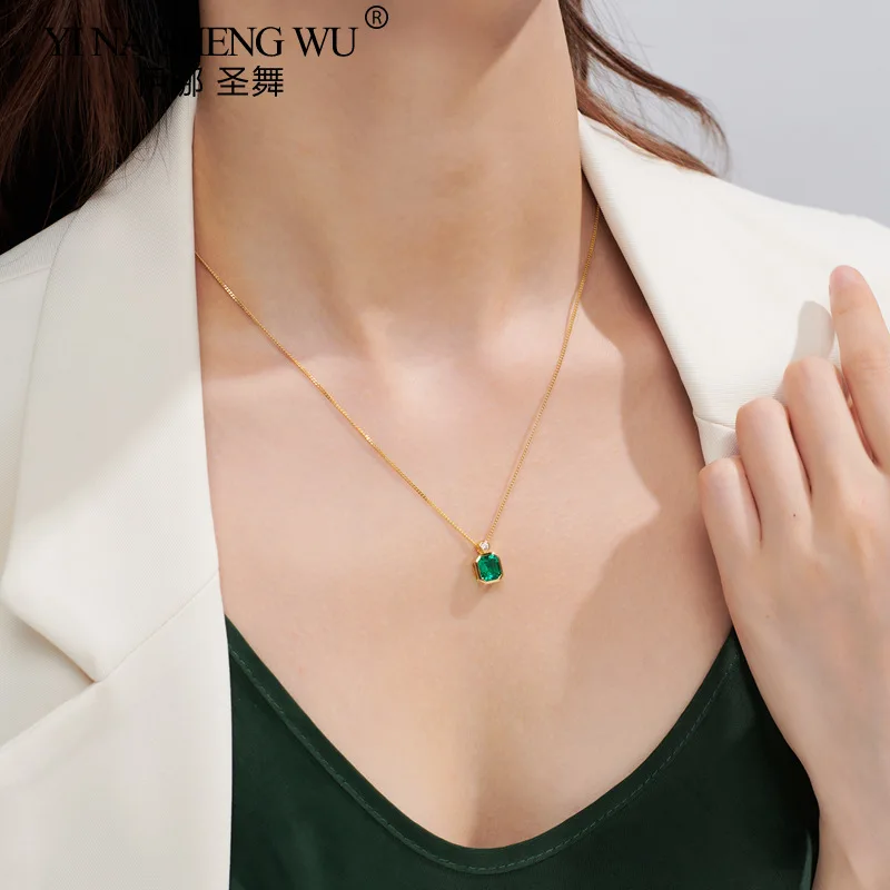 Inlaid emerald square necklace high-end fashion temperament pendant sweet light luxury style niche design women's necklace