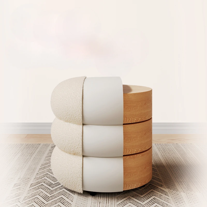 F52 Pink Caterpillar Stool, Round Dressing Stool, Lamb Fleece Soft Seat, Solid Wood Frame, Comfortable Bench for Bedroom