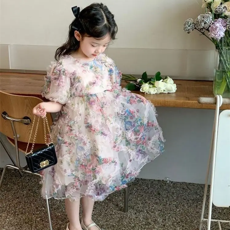 Girls Casual Dresses Three-dimensional Flower Mesh Short Sleeve Kids Dresses for Girls Chinese Traditional Dress for Girls