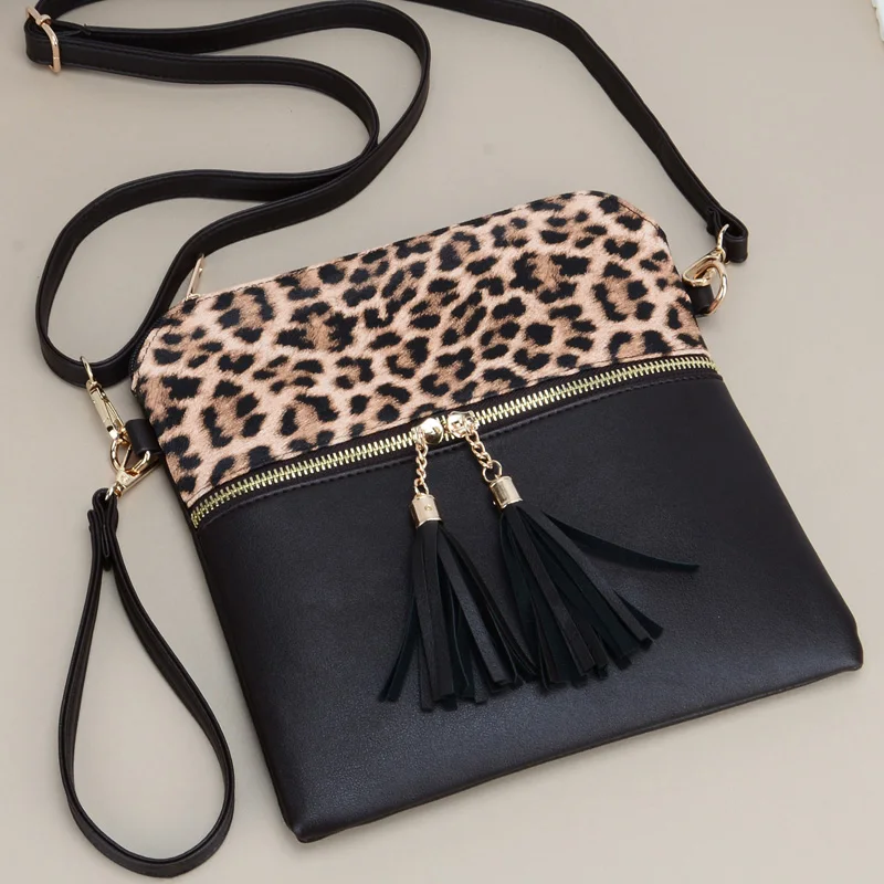 Casual Leopard Pattern Crossbody Bags For Women, Vintage Style Double Tassel Shoulder Bag For Daily Used Gift