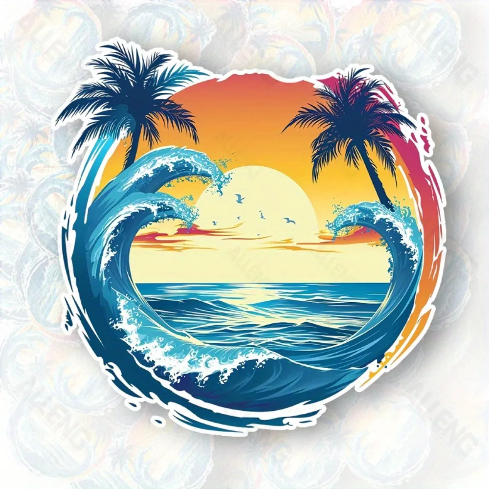 

Beach And Palm Trees Vinyl Decal Waterproof Adhesive Sticker for Bathroom Toilet Door Home Decor Car Laptop Window Bumper