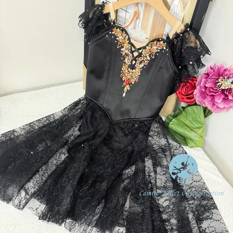 High-end novo personalizado preto carmen dança espanhola don quixote ballet competição desempenho saia adulto e crianças