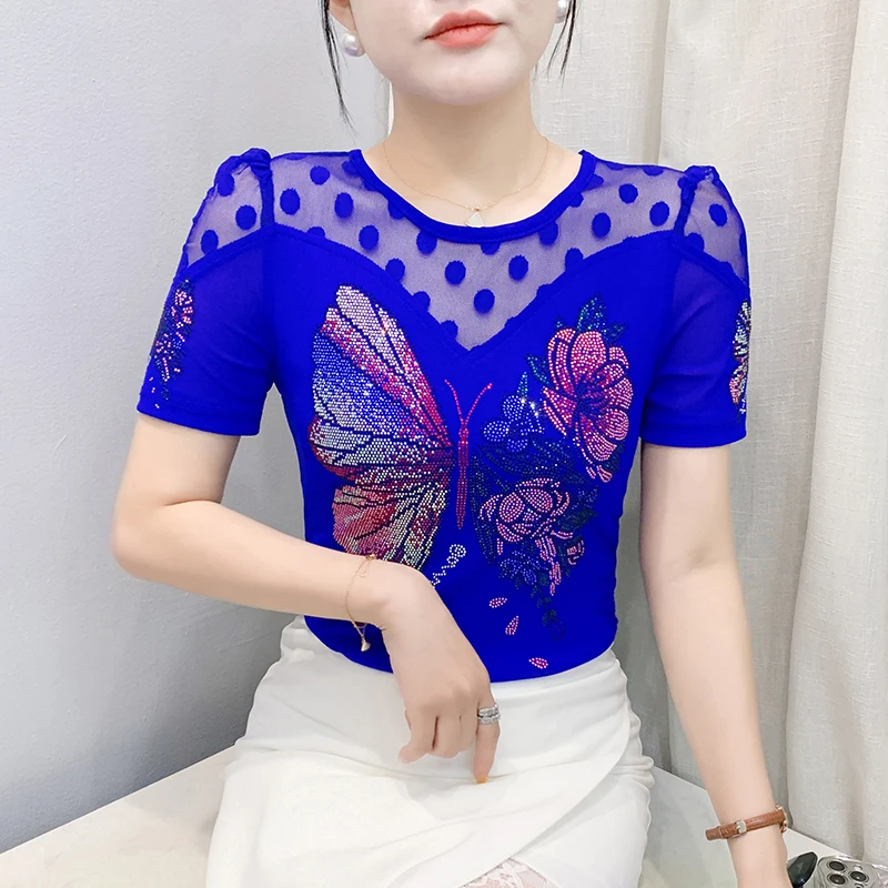

Korean Fashion Butterfly Diamond T Shirt Round Neck Pathchwork Mesh Tops Summer Short Sleeve Casual Shirt