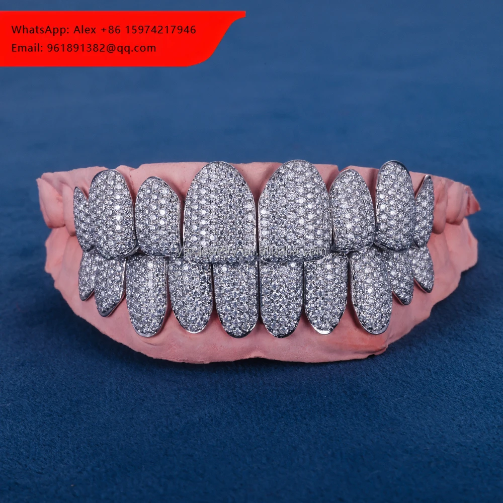 

Custom Pass Diamond Tester Teeth Grillz 925 Silver Gold Plated Flawless Moissanite Lab Diamond Dental Grills Bling Teeth Grillz