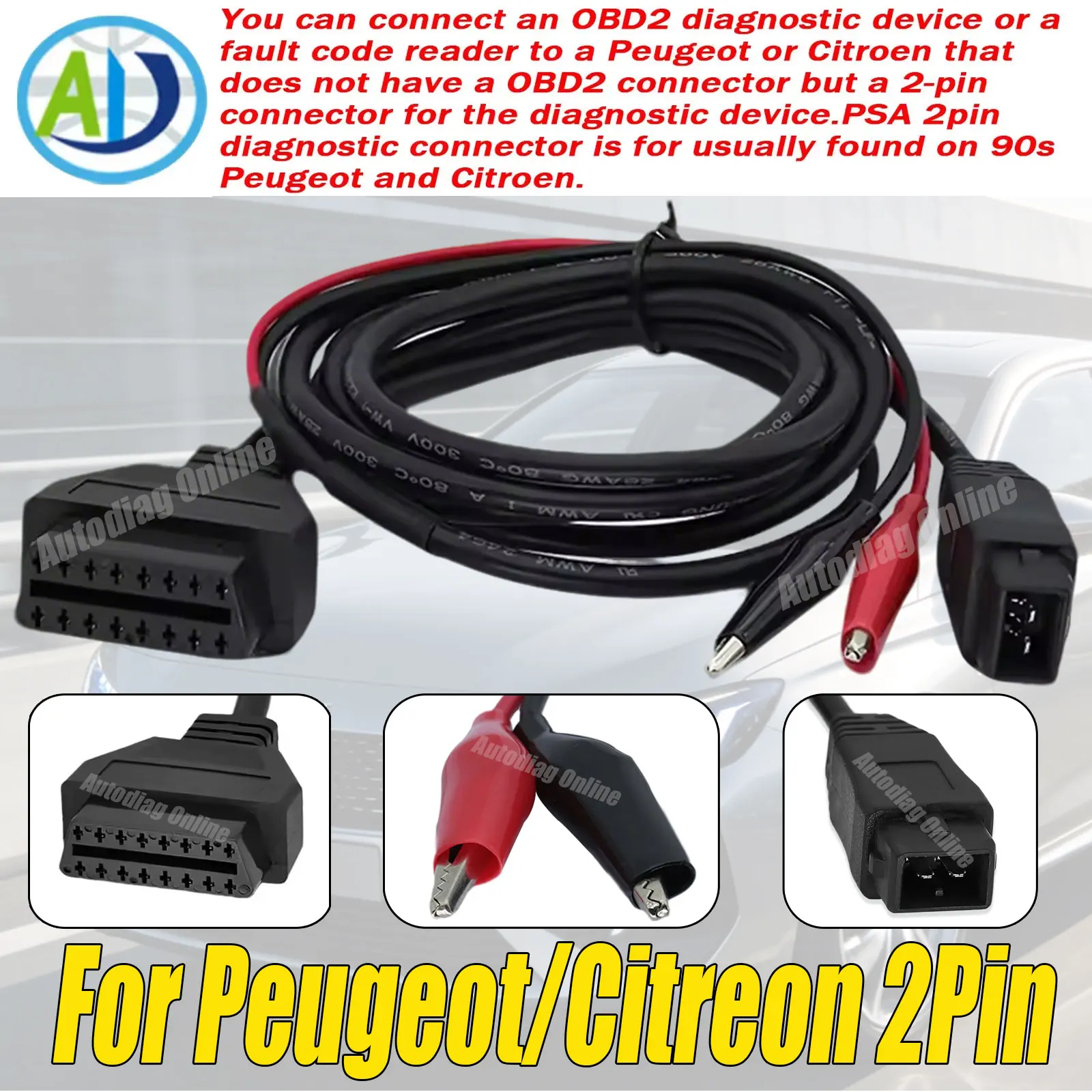 

For Peugeot/Citreon OBD2 Adapter Cable For PSA 2Pin OBD2 Scan Connector for Diagnostic Programming Remove Re-program OBDII Cable